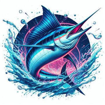 Neon Atlantic blue marlin jumps within a glowing circle on white canvas with vibrant splashes. Ideal for sport fishing apparel, tees, souvenirs, highlighting modern hobby