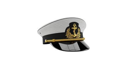 Elegant White Captains Hat with Golden Anchor Emblem and Black Band