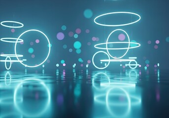 Illustration of abstract neon circles and orbs float above a reflective surface, creating a futuristic and ethereal atmosphere