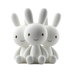 Three white textured bunny toys with golden eyes and subtle smiles arranged closely