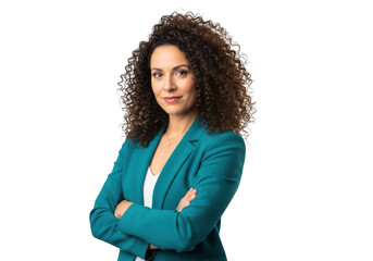 Professional businesswoman with curly hair in teal blazer posing confidently for corporate headshot portrait isolated on transparent background