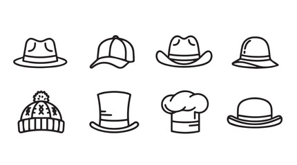 Collection of eight different hat silhouettes in a doodle style silhouette