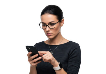 Professional woman using smartphone, business, communication, technology, mobile, app, isolated on transparent background