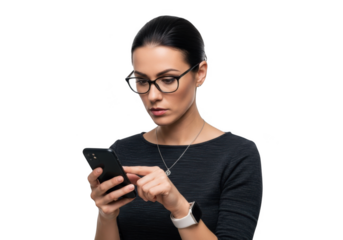 Professional woman using smartphone, business, communication, technology, mobile, app, isolated on transparent background