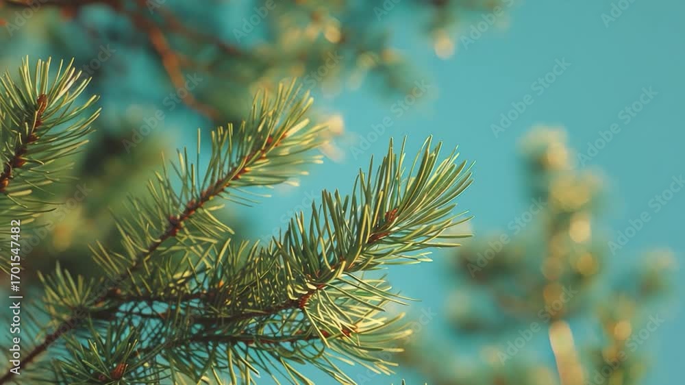 Poster a close-up shot of a pine tree trunk with a blue sky in the background, suitable for use in nature o