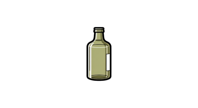 A minimalist illustration of a clear glass bottle with a white label and a narrow neck