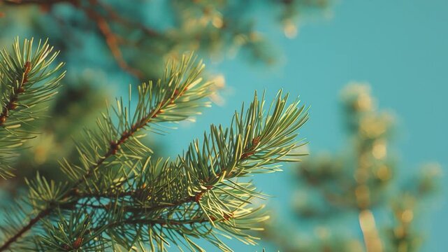 A close-up shot of a pine tree trunk with a blue sky in the background, suitable for use in nature or landscape-related contexts