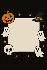 Halloween Photo Frame Border with Ghosts, Pumpkin, Witch Hat, and Stars – Fun Cute Template for Social Media Posts, Party Invitations, and Greeting Cards