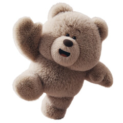 Fluffy brown teddy bear with open mouth and waving paw on transparent background