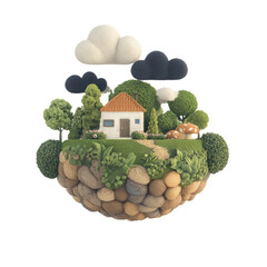 A charming miniature house sits on a grassy island surrounded by trees mushrooms and clouds