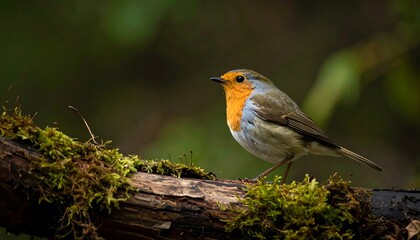 Fototapeta premium A robin perches on a mossy log, showcasing its vibrant plumage against a blurred natural backdrop.