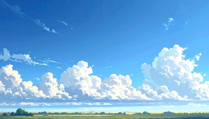 Fototapeta premium A vibrant vista of a vast, open field, bathed in sunlight, showcasing a beautiful, serene sky filled with fluffy cumulus clouds.
