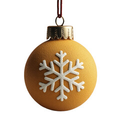 A golden Christmas ornament featuring a white snowflake design hangs on a red string