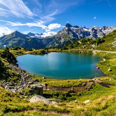 Naklejka premium Alpine lake nestled amongst high mountains