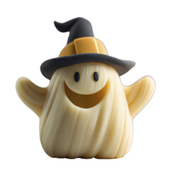 Whimsical cartoon ghost character wearing a witch hat with outstretched arms