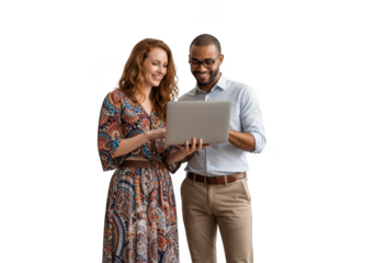 Diverse business team collaboration on laptop, brainstorming ideas, analyzing data, and planning strategy for success isolated on transparent background