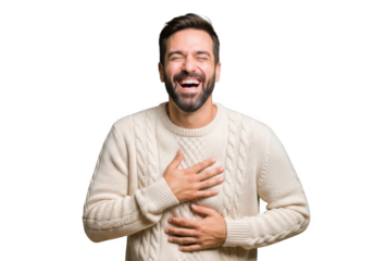 Laughing man holding stomach portrait, funny expression, joyful male model, white sweater, happiness, isolated on transparent background
