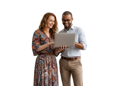Diverse business team collaboration on laptop, brainstorming ideas, analyzing data, and planning strategy for success isolated on transparent background