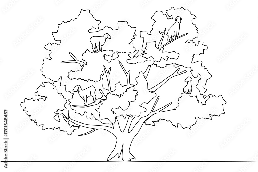 Aufkleber continuous one line drawing an argania tree with several goats climbing on it. favorite season for c
