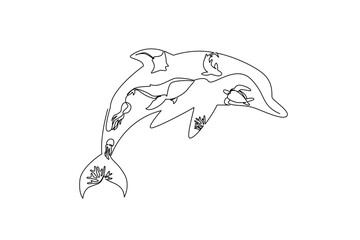 Single one line drawing several silhouettes of types of fish within the silhouette of a dolphin. Maintaining ecosystem balance. Undersea. Mother Ocean Day. Continuous line design graphic illustration