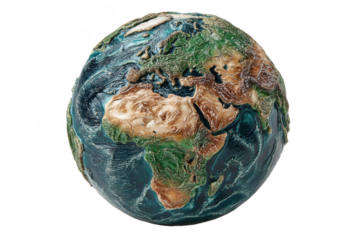 A detailed 3D globe highlighting the continents of Africa, Europe, and parts of Asia with textured elevation and oceanic features.