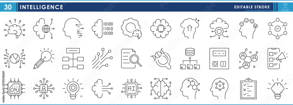 Poster intelligence icons set. vector editable stroke.