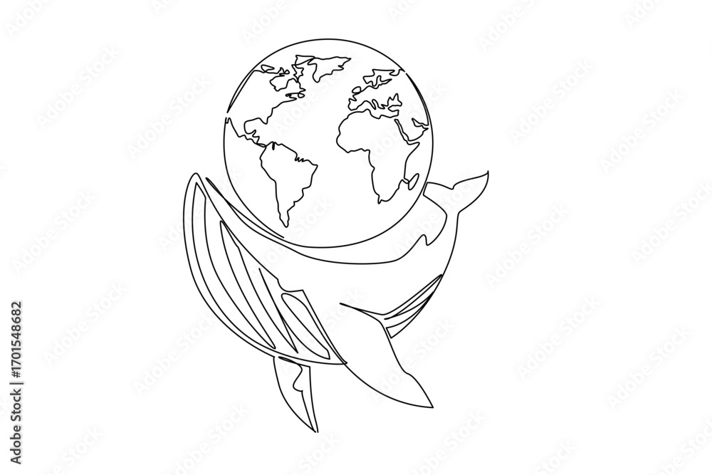 Poster single continuous line drawing whale swimming while twisting its body and globe. protect ocean so th