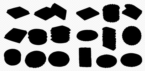 Collection of black silhouette shapes including squares, circles, ovals, and stacked shapes on a transparent background.