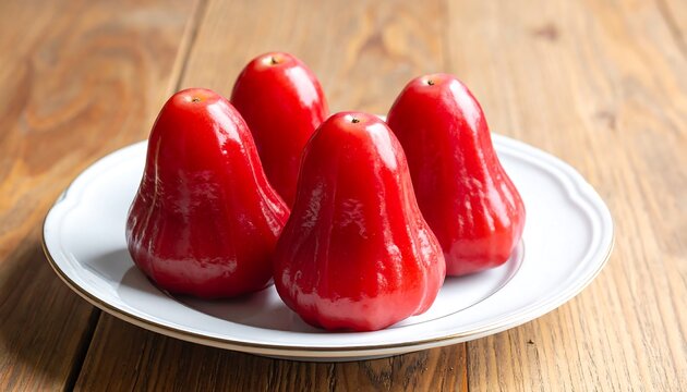 Four vibrant red rose apples arranged attractively on a white plate, showcasing their glossy texture and appealing form against a light brown wooden surface.