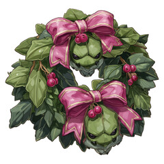 A whimsical Christmas wreath features green foliage pink bows and spooky green creature heads