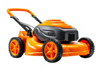 A bright orange and black push lawn mower with rugged wheels and a sturdy handle designed for efficient grass cutting.