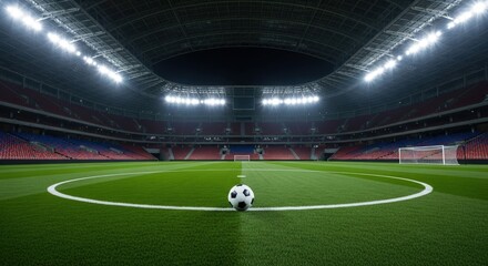 Obraz premium Illustration of panoramic view of a soccer ball on the field in a stadium, capturing the excitement and atmosphere of the game