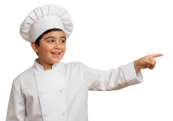 Enthusiastic young boy chef pointing direction with chef's hat and uniform png image isolated on transparent background