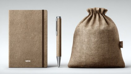 Tan notebook, pen, and sack