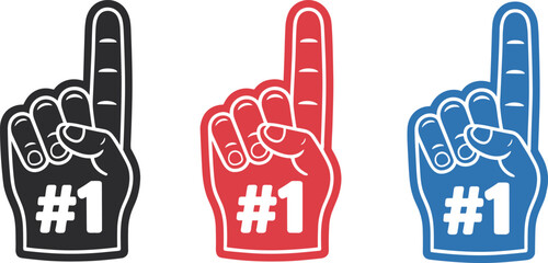 Colorful foam finger number one hand symbols in black, red, and blue design, sports fan cheering accessory illustration for celebration.