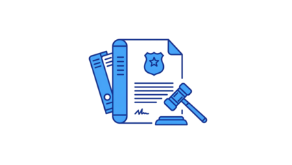 Blue outline vector icon of legal document with judge gavel, isolated on white background, ideal for law firm branding, justice graphics, and court paperwork illustrations.