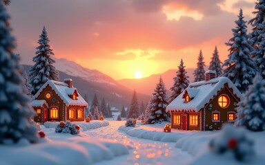 Fototapeta premium Gingerbread Village at Sunset in a Snowy Landscape. High quality