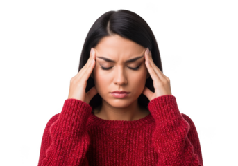Stressed woman suffering from headache touching temples, pain, migraine, depression, anxiety, sadness, isolated on transparent background
