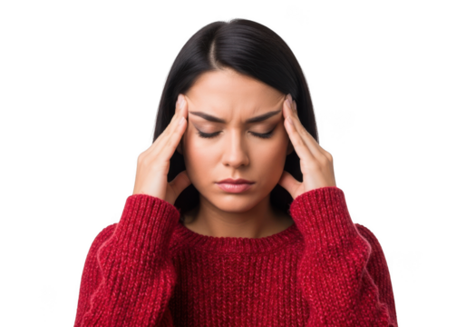 Stressed woman suffering from headache touching temples, pain, migraine, depression, anxiety, sadness, isolated on transparent background