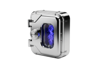 A futuristic, sleek, chrome vault with intricate panels, perfectly sealed, containing luminous swirling deep indigo gas, on a pristine transparent studio background, high-tech containment concept