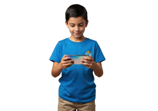 Boy gamer playing mobile game on smartphone device, kid holding phone, gaming, entertainment, isolated on transparent background
