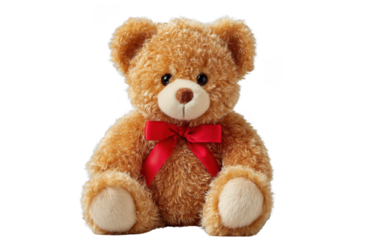 A fluffy light brown teddy bear with a red bow tie sits facing forward, showing its soft fur and cute round eyes.