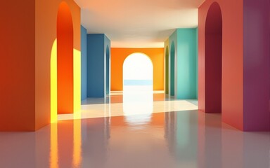 Modern Colorful Hallway with Reflective Floor. High quality