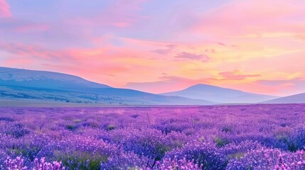 Lavender Field Landscape at Sunset with Pink and Purple Sky
