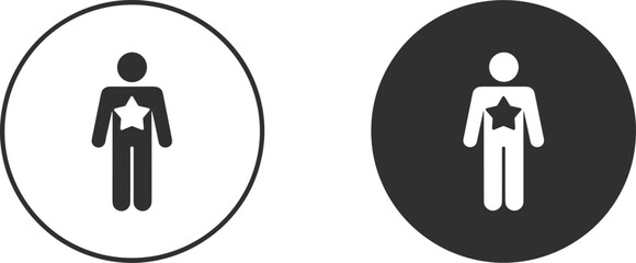 Human figure with star symbol inside circle, black and white minimal icon design, abstract vector person illustration, simple graphic artwork.