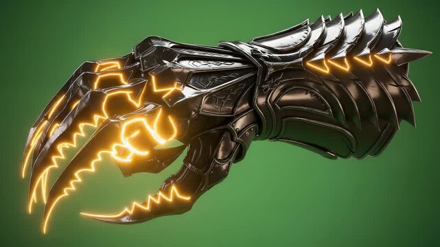 Fantasy Warrior's Metallic Gauntlet with Pulsating Yellow Lightning Claws on a Green Screen