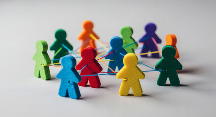 Vibrant, interconnected human figures symbolize strong community bonds, diverse teamwork, and collaborative networking for successful social and business interactions and collective progress.