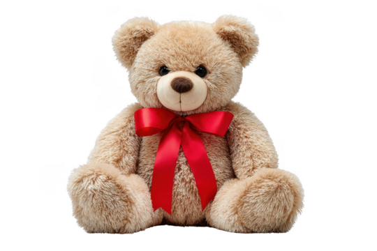 A fluffy beige teddy bear with a red satin bow tied around its neck, sitting upright with a soft and cuddly appearance.