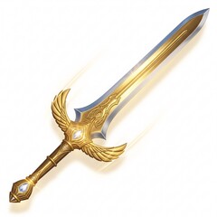 A shiny golden sword with a refined handle and a patterned hilt,
