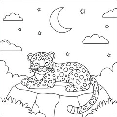 Leopard vector illustration of a relaxed feline resting peacefully on a rock under the night sky with moon, stars, and clouds drawn in bold smooth cartoon outlines for creative wildlife